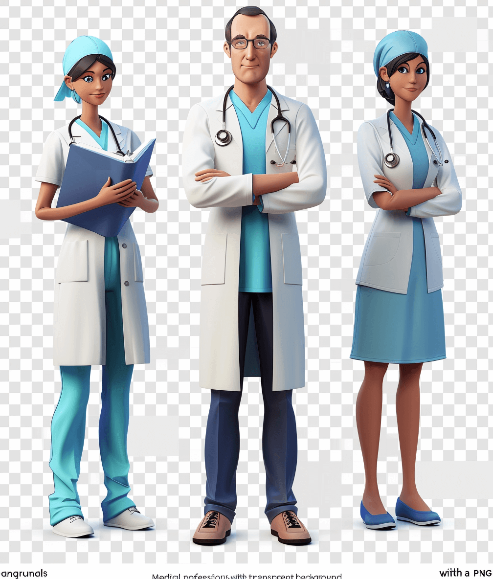 Medicine professional characters with a transparent background, in the style of Pixar. Realistic human character design with cartoon realism, a full body portrait in a standing pose. A white coat and blue scrubs uniform. One male doctor wearing glasses, a stethoscope and holding a medical notebook. Two female nurses with dark hair, wearing simple . The three people stand together to form the shape of an “a”. A full-length portrait with a white background and no text or symbols. An illustration in the style of Pixar and in 3D.