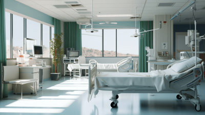 A hospital room with medical equipment and patient beds, white color theme, green curtains, blue walls, big windows overlooking the landscape outside, bright daylight coming in through the window, high resolution, hyper realistic, cinematic,