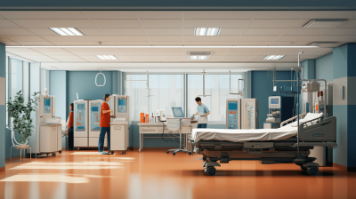 A realistic photo of an inp Object render, interior view of hospital room with medical equipment and staff working on patient care . The focus is on the scene with high resolution detail, highlighting modern design elements such as sleek furniture , blue walls, light grey ceiling, warm orange floor and soft lighting from bright windows. A bed for patients can be seen with their end table equipped with a computer monitor and other medicine cabinets placed around it. In front of one window there's a plant