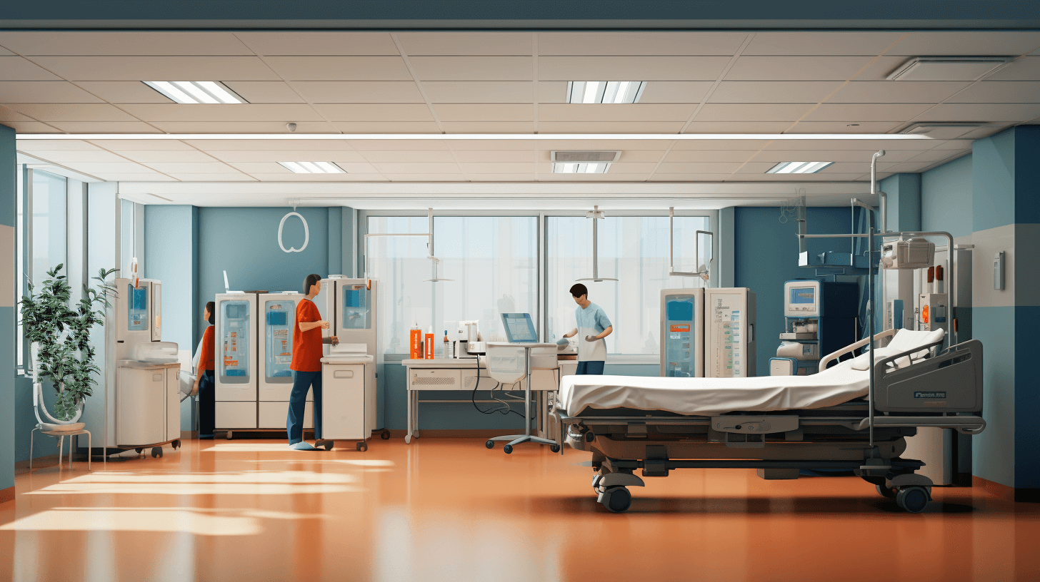 A realistic photo of an inp Object render, interior view of hospital room with medical equipment and staff working on patient care . The focus is on the scene with high resolution detail, highlighting modern design elements such as sleek furniture , blue walls, light grey ceiling, warm orange floor and soft lighting from bright windows. A bed for patients can be seen with their end table equipped with a computer monitor and other medicine cabinets placed around it. In front of one window there’s a plant