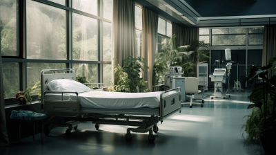 A hospital room with modern medical equipment and an empty bed, bathed in natural light from large windows overlooking lush greenery outside. The photo is realistic and cinematic in style.