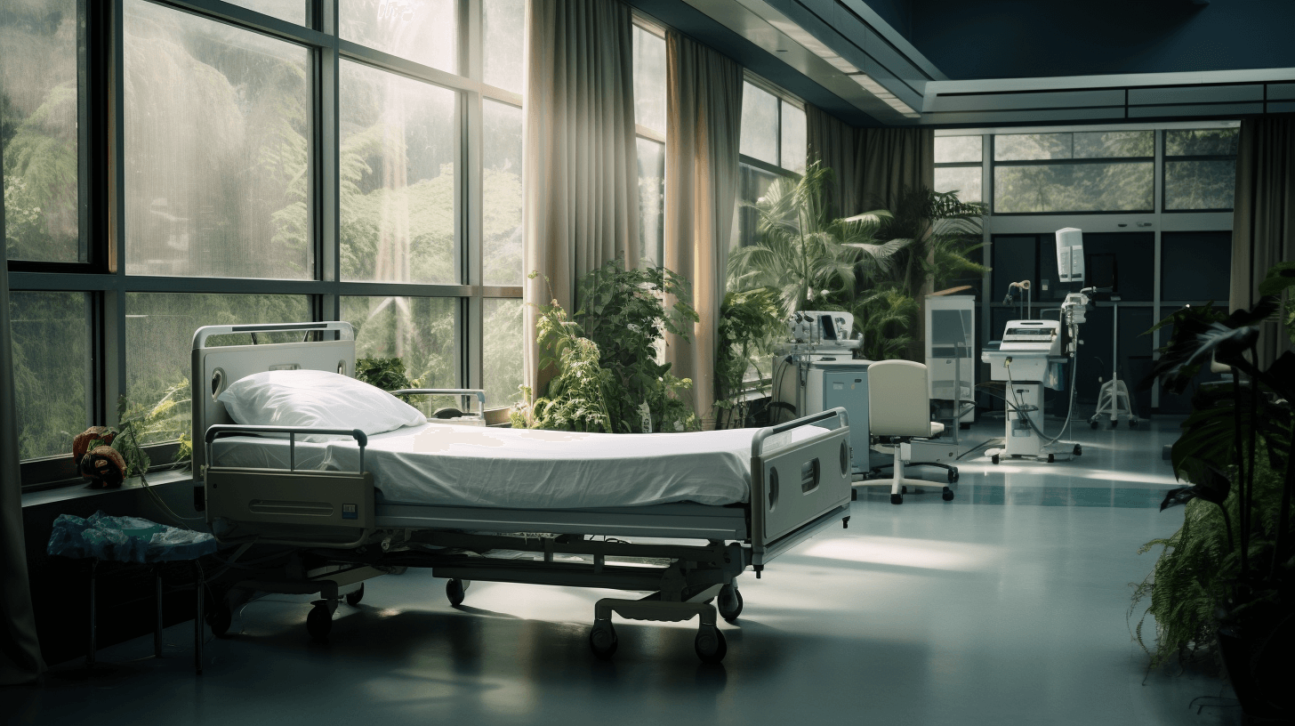 A hospital room with modern medical equipment and an empty bed, bathed in natural light from large windows overlooking lush greenery outside. The photo is realistic and cinematic in style.