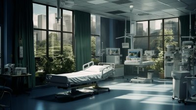 An interior of a hospital room with modern medical equipment and patient beds, large windows overlooking greenery outside. The setting is calm yet futuristic, creating the perfect environment for patients to rest or interact with their families during care. In the style of matte painting, concept art.