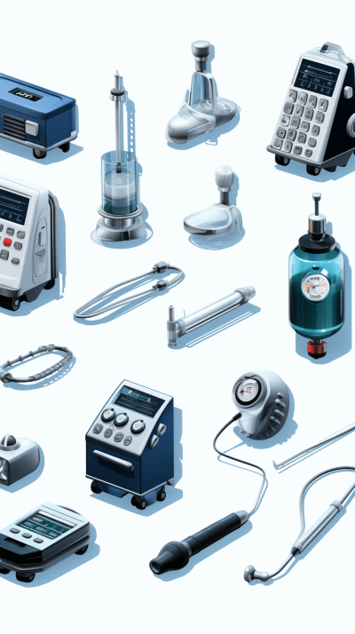 A collection of medical equipment, including an E [Matthias Haker](https://goo.gl/search?artist%20Matthias%20Haker) device and various tools for photography, is depicted in the illustration. The objects have metallic textures with blue accents on white background. This is presented as part of an interactive game or educational material that uses images to visually represent scientific concepts.