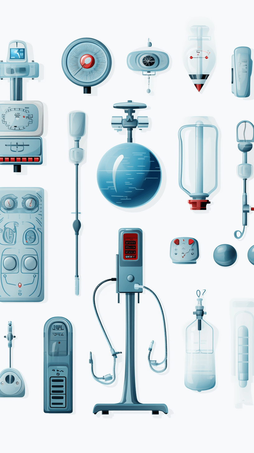 A collection of vector illustrations featuring various medical equipment and devices, such as an IV stand with tubes attached to glass vials filled with liquid or air, a digital readout display on the side indicating heart rate or temperature. A central focus is placed on one unique piece that resembles a large blue sphere with small round windows at its base and two long metal arms extending from it into which there is another smaller black object with buttons and lights. The illustrations are on a white background and are in the style of medical illustrations.