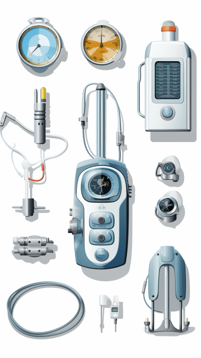 A set of vector illustrations on the theme of medical equipment for oxygenation, in a white background. The elements include an oxygenation apparatus with a round face and blue eyes, in the style of hadnse. There is also a large digital display showing air pressure, a tube connected to it and various other accessories such as control buttons or a cover made from plastic material. A silver steel pipe for air flow with three circular holes at its end, hand bodied. All these components are depicted against a pure white backdrop.