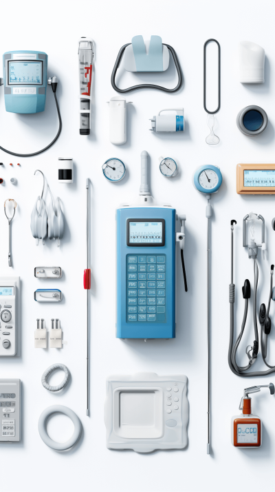 knolling of medical equipment, white background, blue and grey color scheme, in the style of digital art, hyper realistic photography, ultra detailed