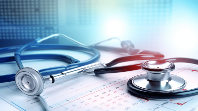 Stethoscope and medical chart on a blue background, in a closeup. The concept of healthcare or health check up with space for copy text. The stock photo was a contest winner with high resolution photography, high detail, and hyper realistic details.