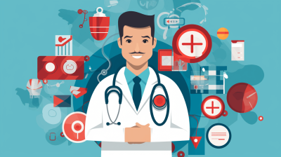 A flat vector illustration of a smiling doctor stands in the center, surrounded by medical icons and symbols such as a stethoscope, hospital room, bandage, syringe, first aid kit, and health checkup test. The background is blue with subtle red accents. It has an atmosphere that evokes trust with quality detail, professional lighting, sharp focus, and high resolution in the style of a medical illustration.