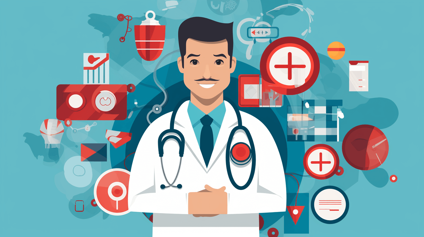 A flat vector illustration of a smiling doctor stands in the center, surrounded by medical icons and symbols such as a stethoscope, hospital room, bandage, syringe, first aid kit, and health checkup test. The background is blue with subtle red accents. It has an atmosphere that evokes trust with quality detail, professional lighting, sharp focus, and high resolution in the style of a medical illustration.