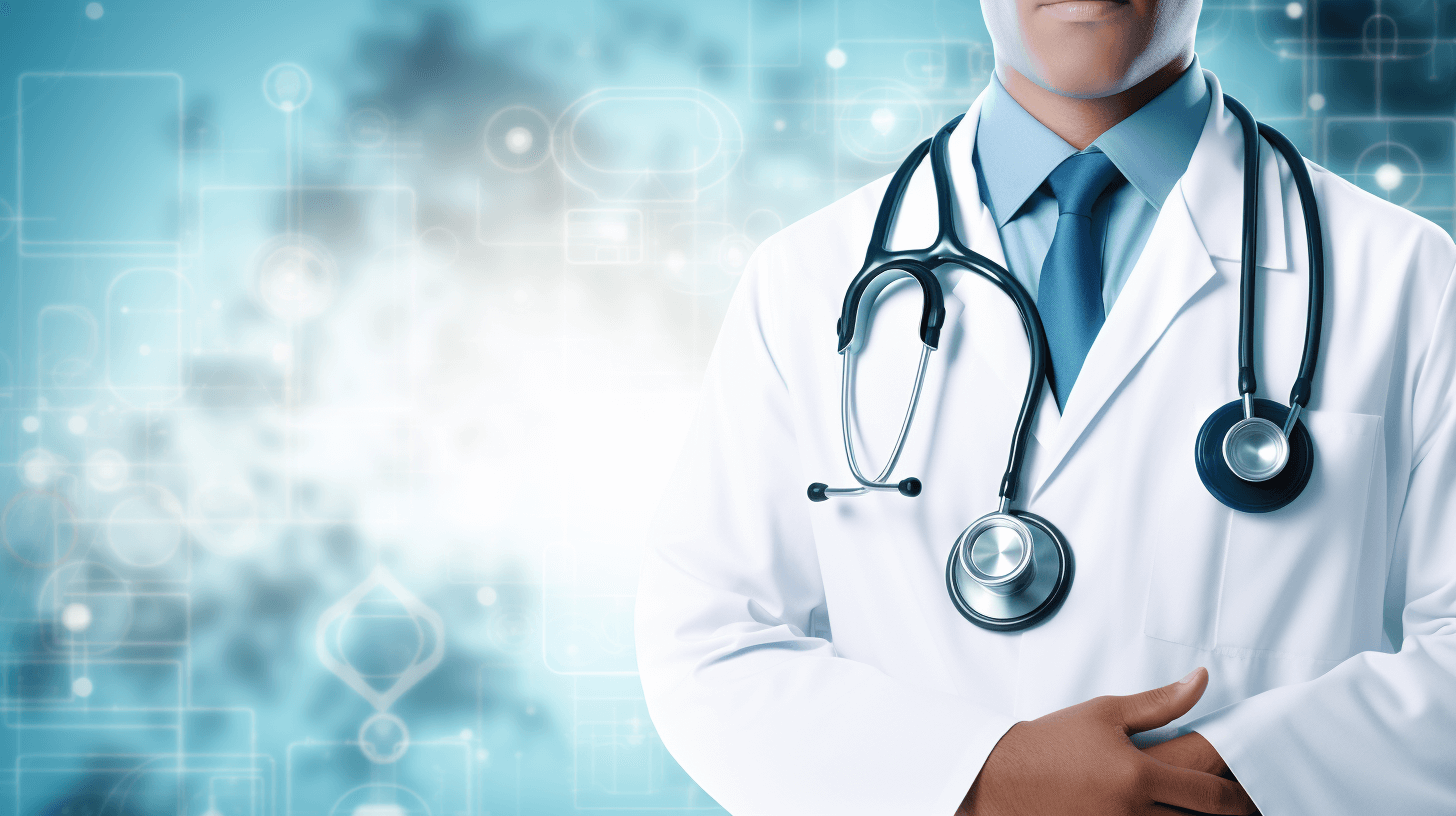 Handsome doctor holding a stethoscope against a blue digital background, copy space concept for medical technology and health care service advertising banner stock photo contest winner, presented in the style of high resolution