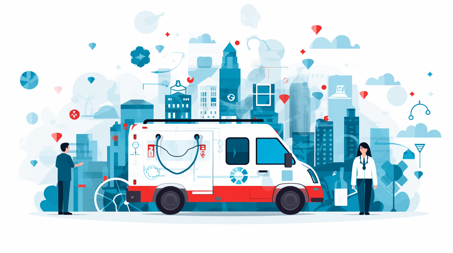 digital illustration depicting an ambulance in the city surrounded by healthcare workers, in a flat art style with a white background and light blue and red color accents, white borders around all elements, high resolution vector graphics in a modern design suitable for a social media post or website hero element.