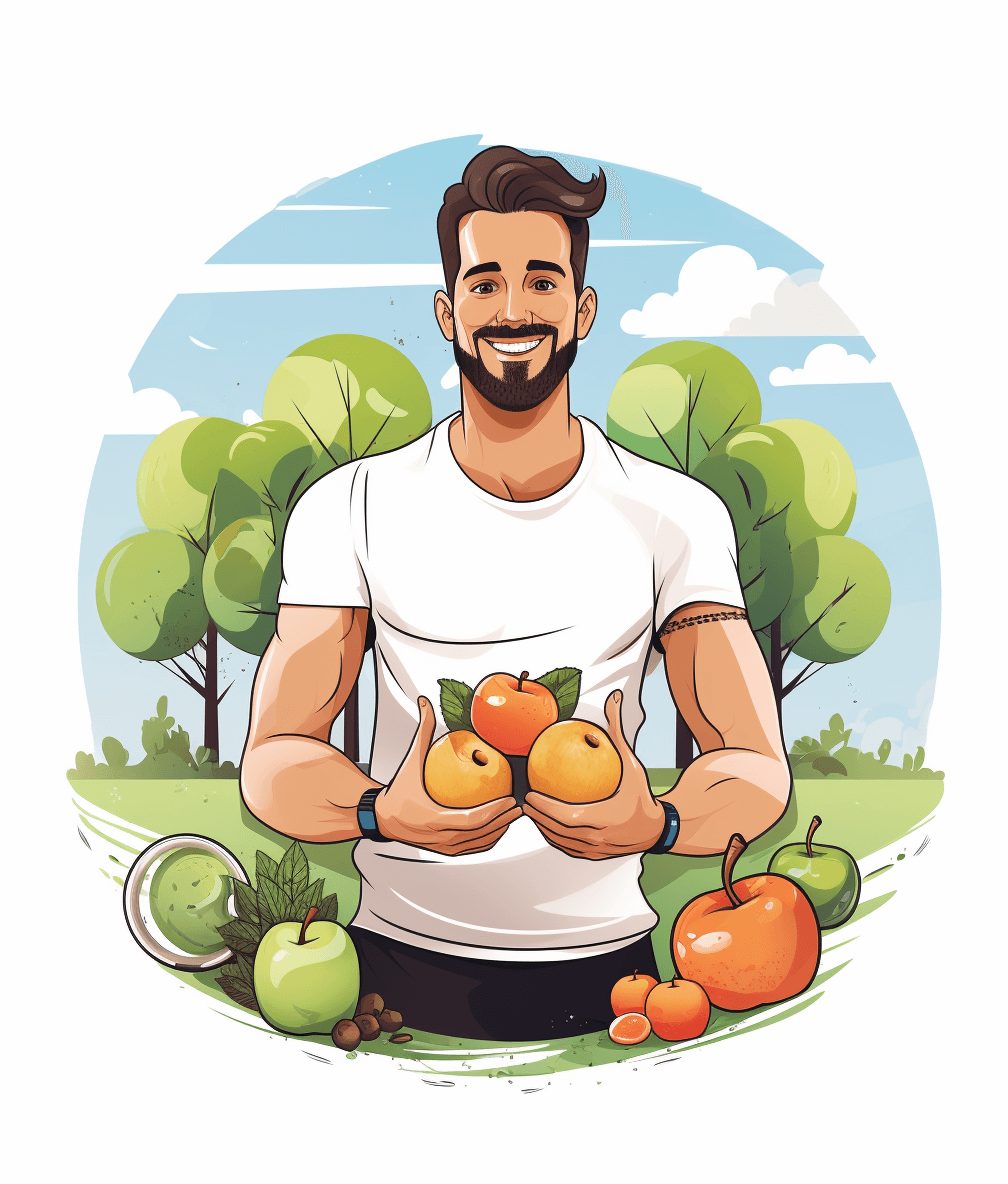 A muscular man with black hair and beard, wearing a white t-shirt holds fruits in his hands. He is smiling at the camera. The background features trees and a grassy field in the style of a vector illustration.