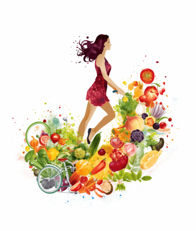 A woman in her late thirties, dressed casually and walking down the street carrying vegetables, in the style of a view from behind of women running fast towards the camera wearing a red dress on a white background, with a bicycle next to it and many fruits and vegetables scattered on top, in a watercolor style, as a vector illustration, colorful, high resolution, high detail, with simple lines, as digital art on a white background with no shadows, high quality, high definition, high details, with professional color grading and soft shadows but no contrast.