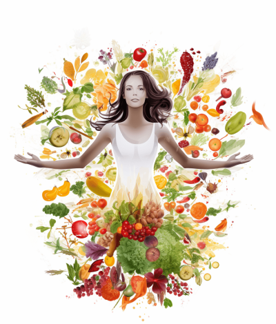 woman with outstretched arms surrounded in the style of flying fruits and vegetables, white background, illustration, bright colors, highly detailed