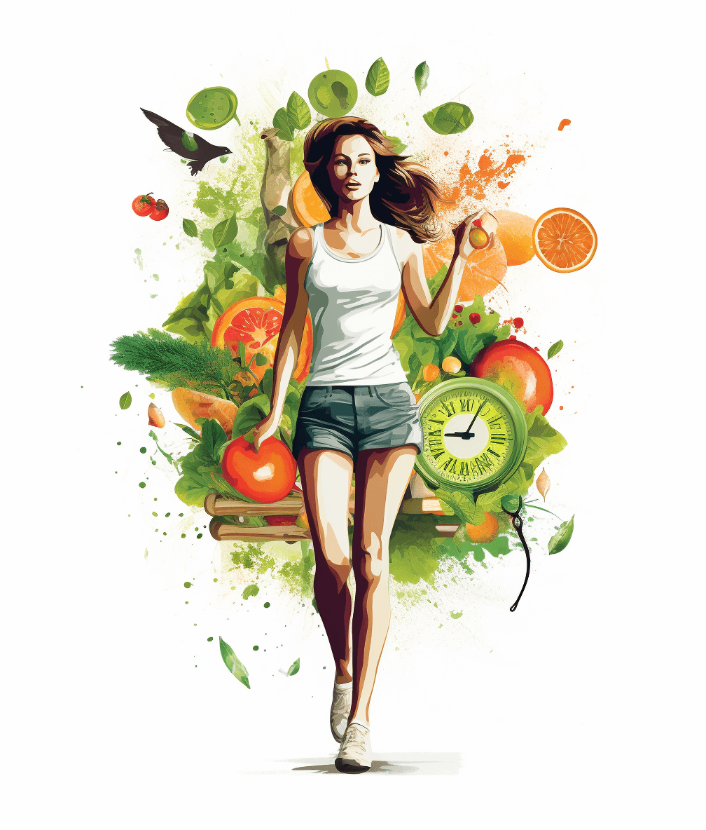 A beautiful woman in short shorts, with an alarm clock and fruit elements behind her, is running towards the camera. The background features green leaves, watercolor strokes, illustrations of fitness, and white backgrounds with colorful ink dots. The artwork is in the style of colorful ink dots.