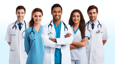 A group of male and female medical professionals standing together, smiling at the camera, wearing white coats with stethoscopes around their necks, isolated on a light blue background. The image is a detailed, high resolution, professionally color graded illustration in the style of hyper realistic stock photography.