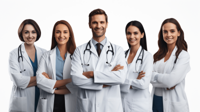 5 smiling doctors in white coats stand next to each other, one of them is female and the others male, isolated on a clear background.