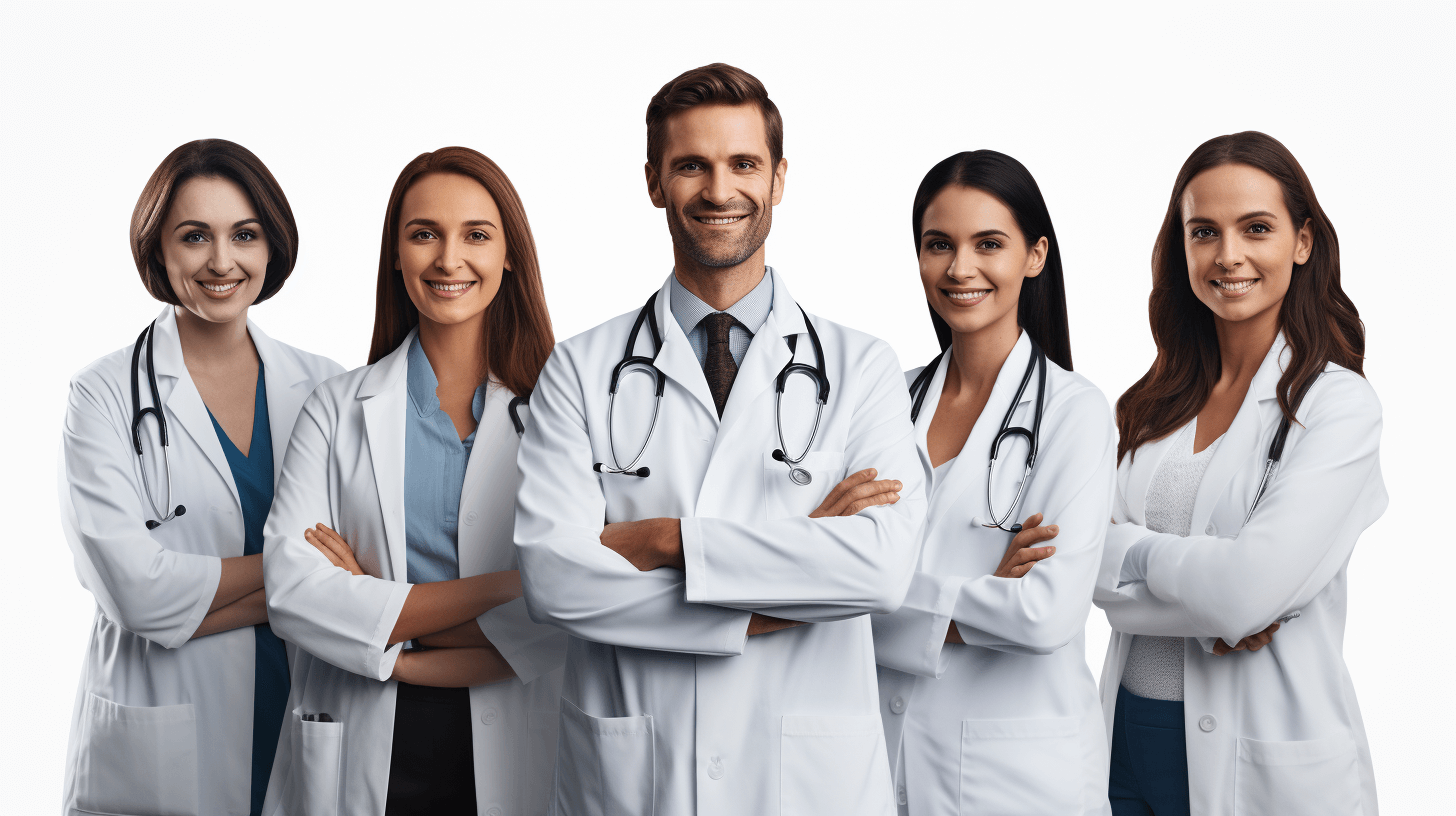 5 smiling doctors in white coats stand next to each other, one of them is female and the others male, isolated on a clear background.