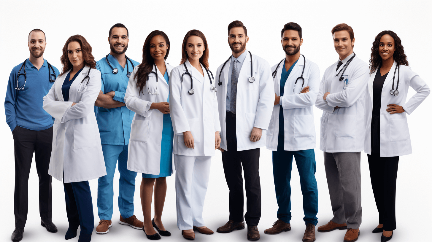 A group of male and female doctors standing next to each other, smiling at the camera, wearing white coats with stethoscopes around their necks, isolated on a clear background in a full body shot.