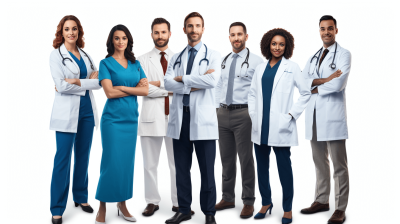 7 diverse medical professionals standing in front of a white background, in a full body shot, with their arms crossed in a pose, with confident expressions, wearing professional attire including a stethoscope and doctor's coat, in the style of realistic photography, with studio lighting.