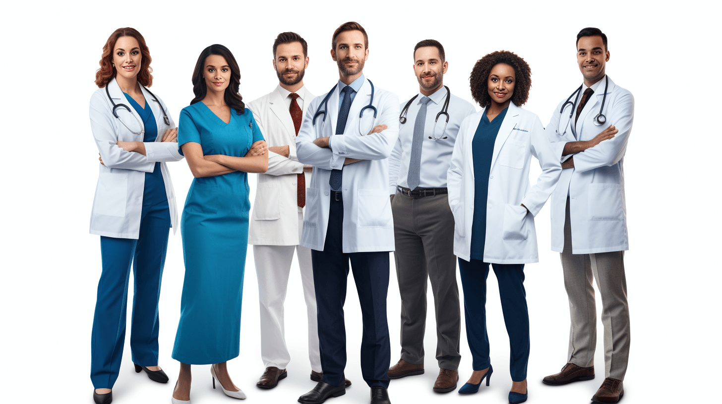 7 diverse medical professionals standing in front of a white background, in a full body shot, with their arms crossed in a pose, with confident expressions, wearing professional attire including a stethoscope and doctor’s coat, in the style of realistic photography, with studio lighting.