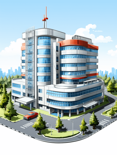 a hospital building in the city, isometric view, vector illustration style, simple lines, white background, cartoon style, high resolution, no shadows, high details, high quality, high resolution, high detail, high definition, hyperrealistic, hyperdetailed, hyperphotorealism, hyperfine lines, hypercrisp, hyperresolution, hypercolorful, hyperhigh resolution, hyperhignly detailed