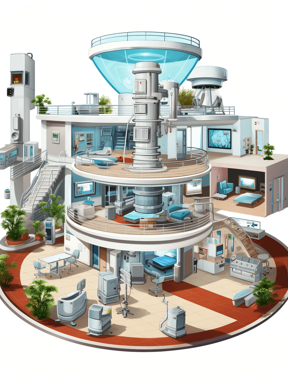 A detailed illustration of the interior layout of an advanced hospital in space, showcasing futuristic medical equipment and living spaces for staff on different levels. The scene includes a busy emergency room with life support machines, outdoor terraces with greenery and panoramic views of outer space. The illustration is in a vector art style with a white background, isometric view and high resolution details.