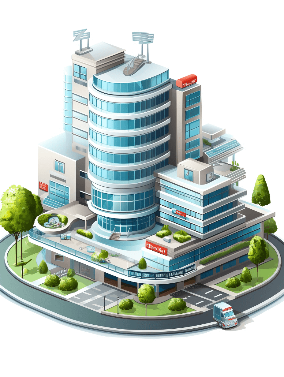 A hospital building in isometric view, in the style of vector style, on a white background, in the 2d game art style, in a cartoon illustration style, with a vibrant color scheme, high resolution, professional illustrations, with isomorphic proportions, using vector graphics, of high quality, with high detail, with high definition details, at a high resolution, on a white background, in png format.