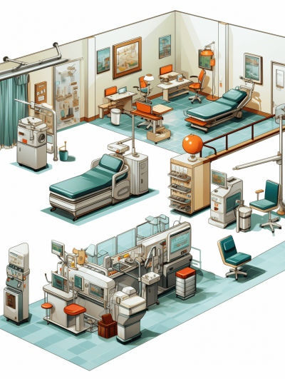 A detailed vector illustration of an isometric hospital room with various medical equipment and beds, designed in the style of [Artgerm](https://goo.gl/search?artist%20Artgerm)'s digital illustrations. The color scheme includes light blue, teal green, and orange accents on a white background, and the perspective angle creates depth to highlight each element clearly without any shadows. This design focuses on clarity and realism while maintaining modern aesthetics for potential use as clipart or graphic art.