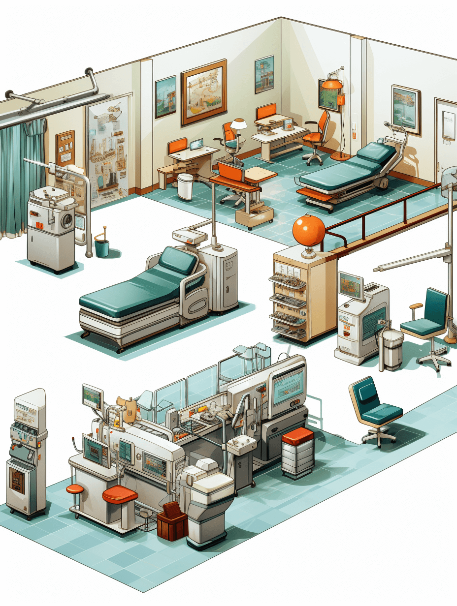 A detailed vector illustration of an isometric hospital room with various medical equipment and beds, designed in the style of [Artgerm](https://goo.gl/search?artist%20Artgerm)’s digital illustrations. The color scheme includes light blue, teal green, and orange accents on a white background, and the perspective angle creates depth to highlight each element clearly without any shadows. This design focuses on clarity and realism while maintaining modern aesthetics for potential use as clipart or graphic art.