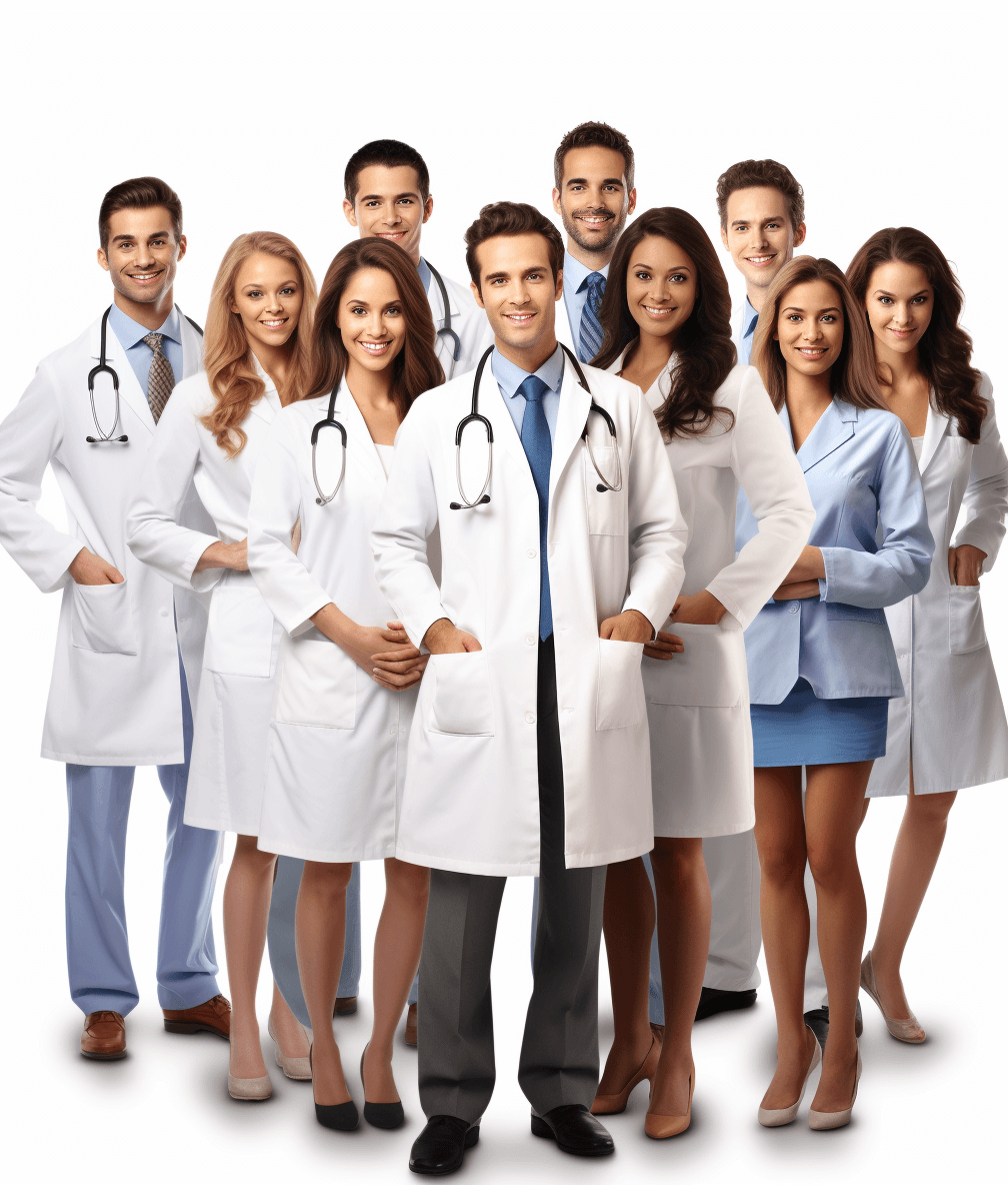 A group of smiling young doctors, men and women standing in full view on a white background, full body portrait, photorealistic, high resolution photography, with insane detail, isolated on a plain background, stock photo.