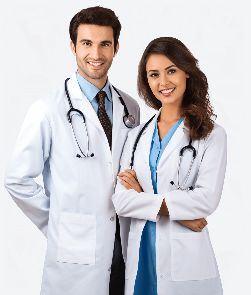 Two young doctors, a male and a female, wearing white coats with stethoscopes around their necks, are smiling at the camera. They are standing side by side on an isolated background in the style of a realistic photography stock photo.