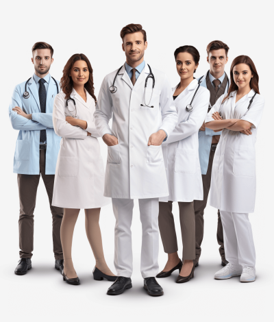 A group of young doctors, men and women, stand facing the front with a white background in a full body shot. The photorealistic style is hyperrealistic with high resolution photography, soft lighting and soft shadows without contrast. The image has clean, sharp focus with no skin blemishes from a professional studio photoshoot. It is highly detailed with professional color grading and isolated on a plain white background.