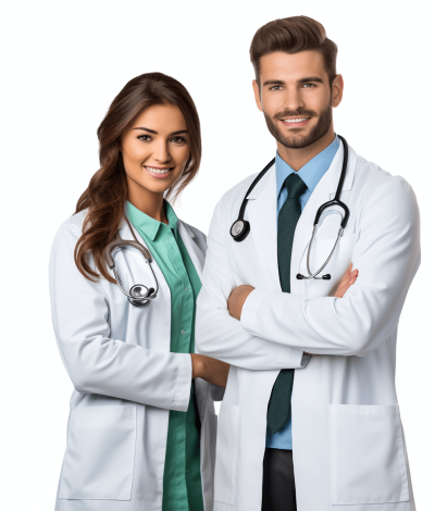 Stylish young doctor couple standing with arms crossed isolated on white background. Portrait of smiling male and female doctors in medical coats with stethoscope looking at the camera. The image is in the style of a png file.