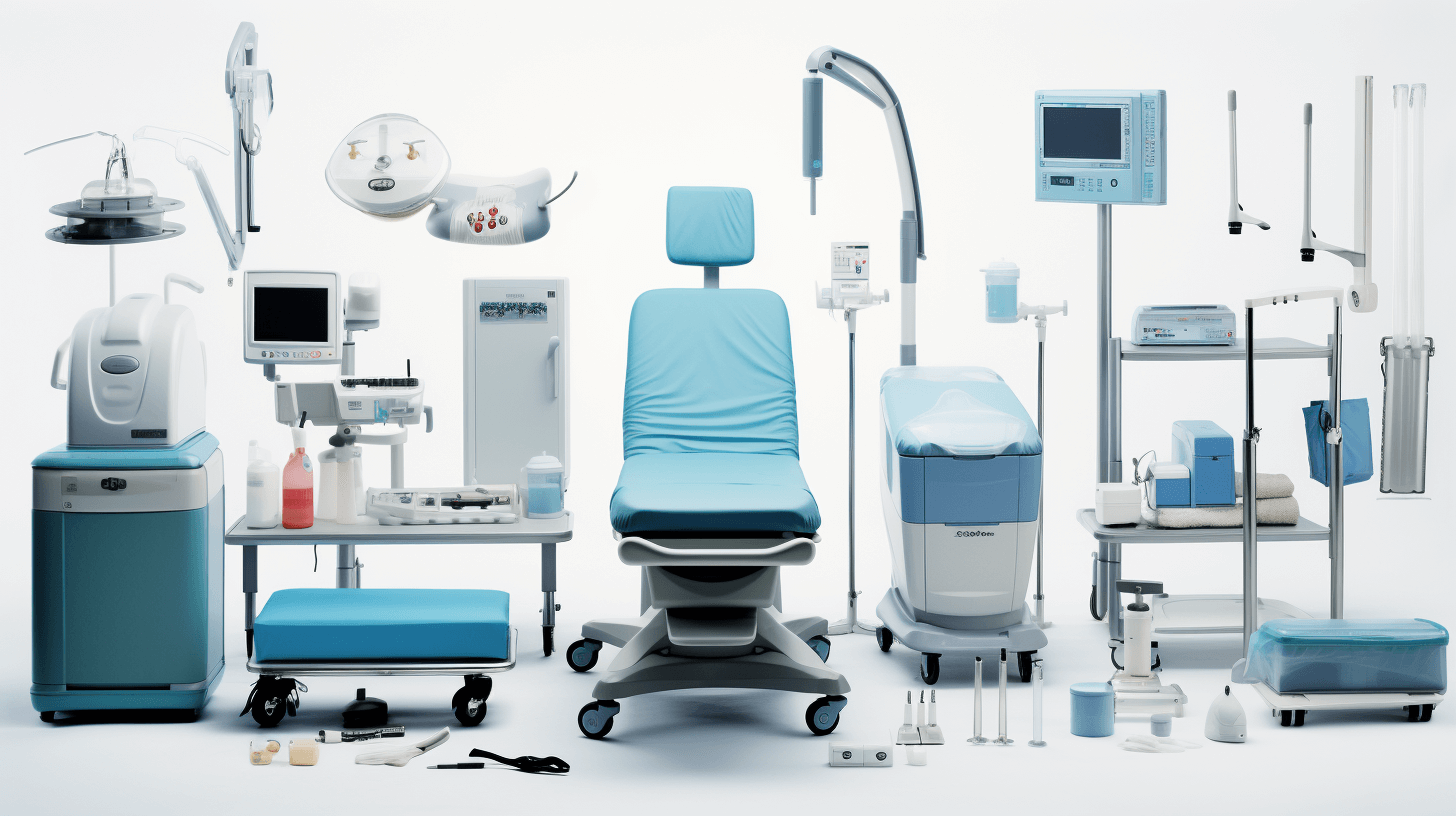 A collection of medical equipment including an operating chair, an endoscopy machine and other tools arranged on a white background. A blue color scheme is used throughout the composition to highlight various details such as chairs, surfaces, buttons, screens and more. The focus should be placed in the front with the entire scene captured from a low angle perspective.