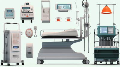 A collection of medical equipment, including a hospital bed and life support machines, rendered in 3D illustration style with a light gray background. The elements have soft edges for smooth transitions between them, creating a realistic appearance. This is suitable as a graphic element to be used on web pages or promotional materials related to the healthcare industry.