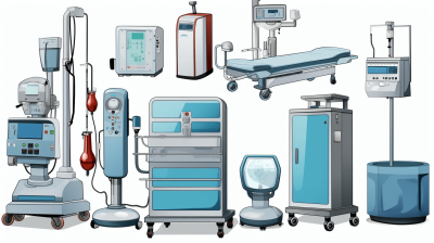 A vector illustration of various medical equipment, such as IV stands and tanks, set against a white background. The color scheme includes shades of blue for the machinery and gray for elements like hospital beds or monitors. Each piece is outlined with clear lines to highlight their details and shapes in an industrial style. This scene creates a professional atmosphere suitable for health care themed designs. Vector Illustration on isolated white background.