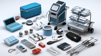 A complete set of medical equipment, including a computer and blue trolley case with various tools such as a monitoring device, strips on the side, plastic boxes filled with powder, glass cups containing gauze swabs, rubber gloves, etc., arranged neatly in a white background, in the style of cinema4d. It is highly detailed and has realistic lighting effects. The overall color scheme creates a sense of realism.