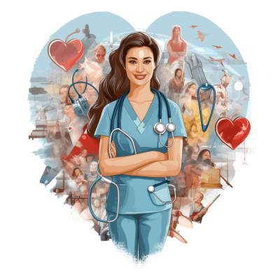 A beautiful nurse stands in the center of an illustration surrounded by heart shapes, images and medical equipment such as stethoscope, tarot cards, health symbols. She has long brown hair tied back and is wearing blue scrubs. The background features people from various cultures all standing together with their arms crossed showing support for spuders to work hard at taking care of each other's wellbeing. Vector art style. White Background.