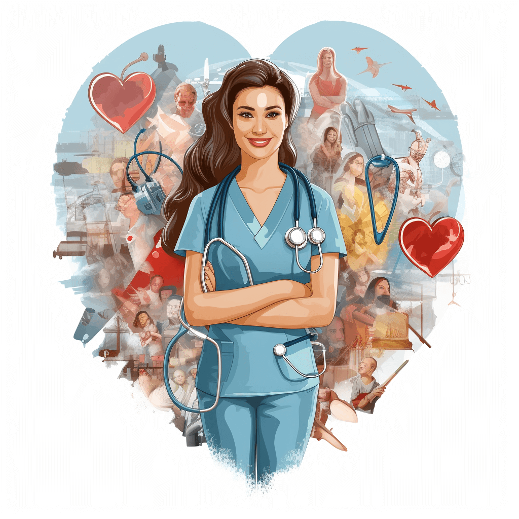 A beautiful nurse stands in the center of an illustration surrounded by heart shapes, images and medical equipment such as stethoscope, tarot cards, health symbols. She has long brown hair tied back and is wearing blue scrubs. The background features people from various cultures all standing together with their arms crossed showing support for spuders to work hard at taking care of each other’s wellbeing. Vector art style. White Background.