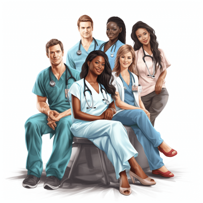 Illustration of five multiracial male and female doctors, sitting on top of one another in a chairside pose, in a clipart style isolated against a white background with margins, in the style of [Artgerm](https://goo.gl/search?artist%20Artgerm), [Greg Rutkowski](https://goo.gl/search?artist%20Greg%20Rutkowski) and [Alphonse Mucha](https://goo.gl/search?artist%20Alphonse%20Mucha)