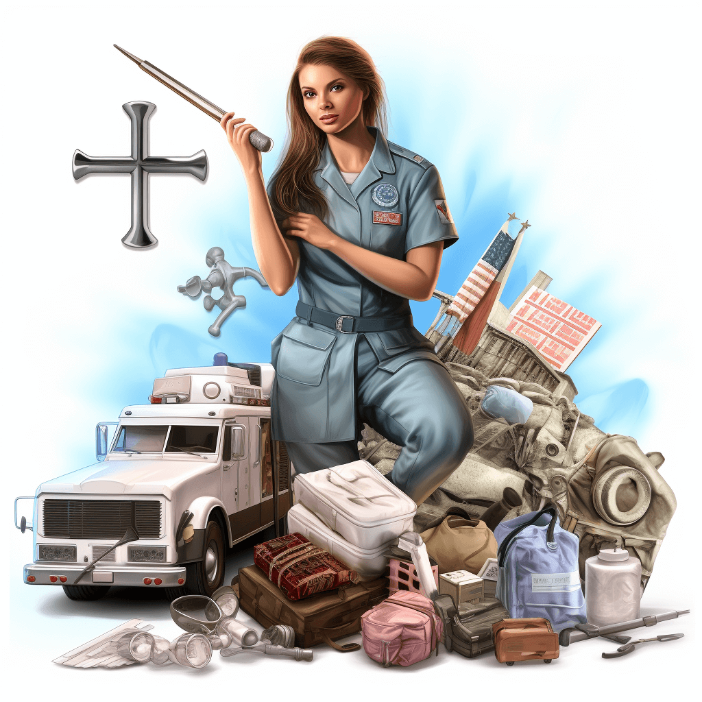 An illustration of the American cross, next to it is a white warehouse truck and behind it stands a beautiful brunette woman in a blue uniform holding a big knife with both hands on top of medical supplies. The background features elements from US military symbols such as flags, tankers, vehicles, etc., with light colors and a sense of realism.