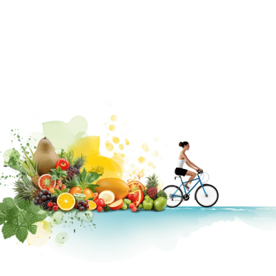 White background, vector illustration of a healthy lifestyle with fruits and vegetables. A woman riding a bicycle on the right side, space for text in the center. A light blue color palette with a fresh style, high resolution with no shadows. High quality, sharp focus and highly detailed imagery in high definition with high contrast. A professionally photographed, hyper realistic style.