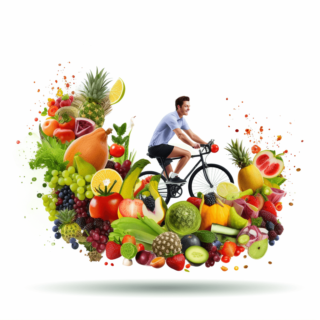 Man riding bicycle surrounded by healthy food and fruits, white background, photo realistic, detailed rendering, bright colors, highly saturated, high resolution, sharp focus, professional photography, sharp details, HDR, high quality