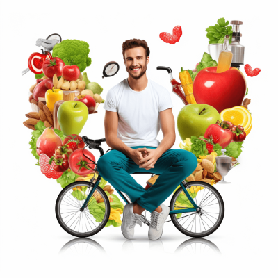 Realistic photo of happy man sitting on the bicycle surrounded by healthy food and fruits, white background, detailed illustration with elements in shape heart, high resolution photography