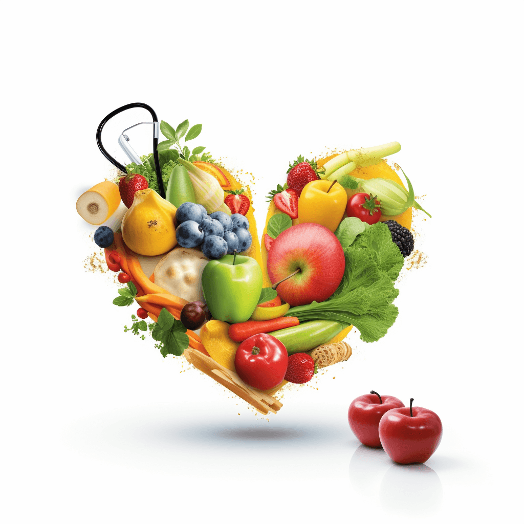 A heart shape made of various fruits and vegetables, with an apple at the center, surrounded by blueberries, strawberries, green apples, oranges, red peaches, black bamboo shoots, kale leaves, and cherries, all arranged in harmony to create a beautiful gradient effect on a white background. A stethoscope is placed inside or around some of the fruit and vegetable elements. The overall color scheme includes shades of light yellow, dark brown, deep orange, and fresh green.