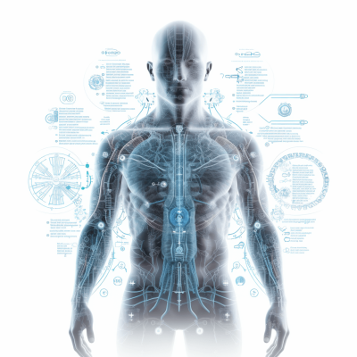 A human anatomy with futuristic elements and data points, on a white background, as a transparent PNG layer, in a hyper realistic style, with blue details, as a front view full body shot, in the style of a vector illustration, with techy digital graphics on top of the man's skin, in the medical iconography style.