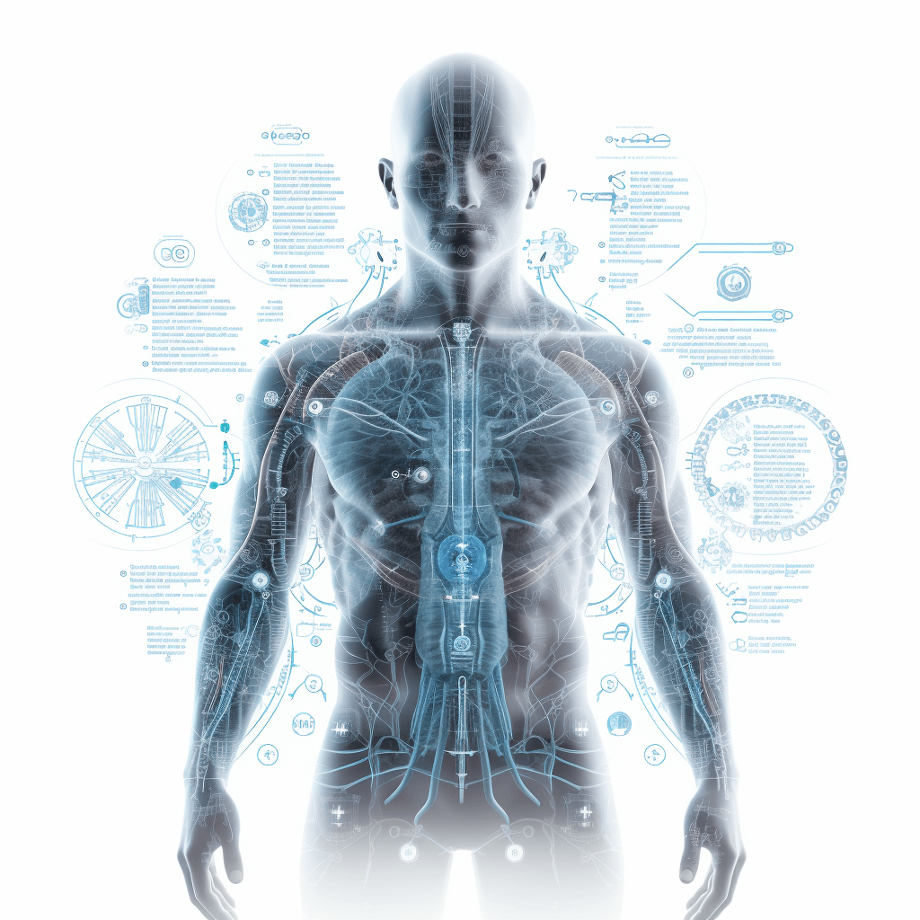 A human anatomy with futuristic elements and data points, on a white background, as a transparent PNG layer, in a hyper realistic style, with blue details, as a front view full body shot, in the style of a vector illustration, with techy digital graphics on top of the man’s skin, in the medical iconography style.