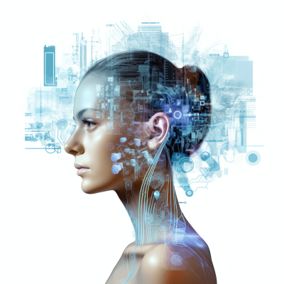 A digital art portrait of an AI woman, her head and neck merging into futuristic technology symbols, against a white background. The design includes elements like circuitry patterns on the skin, neural networks in shades of blue and silver, and icons representing advanced computer engineering techniques. She has a serene expression with soft lighting highlighting intricate details such as hair and facial features.